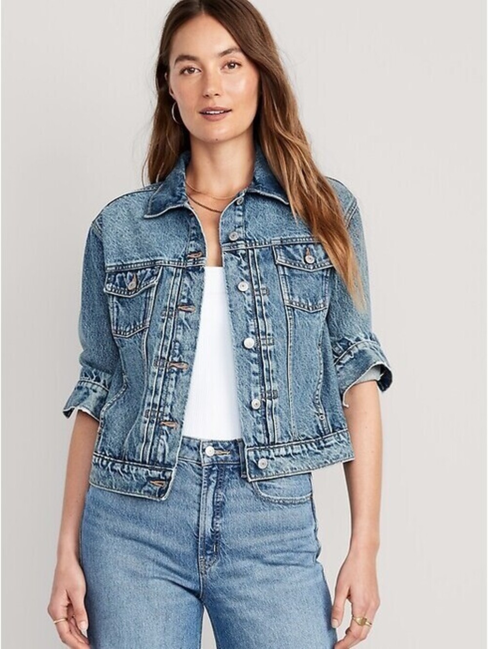 Old Navy Classic Denim Pleated Distressed Medium Wash Jean Jacket Size Small